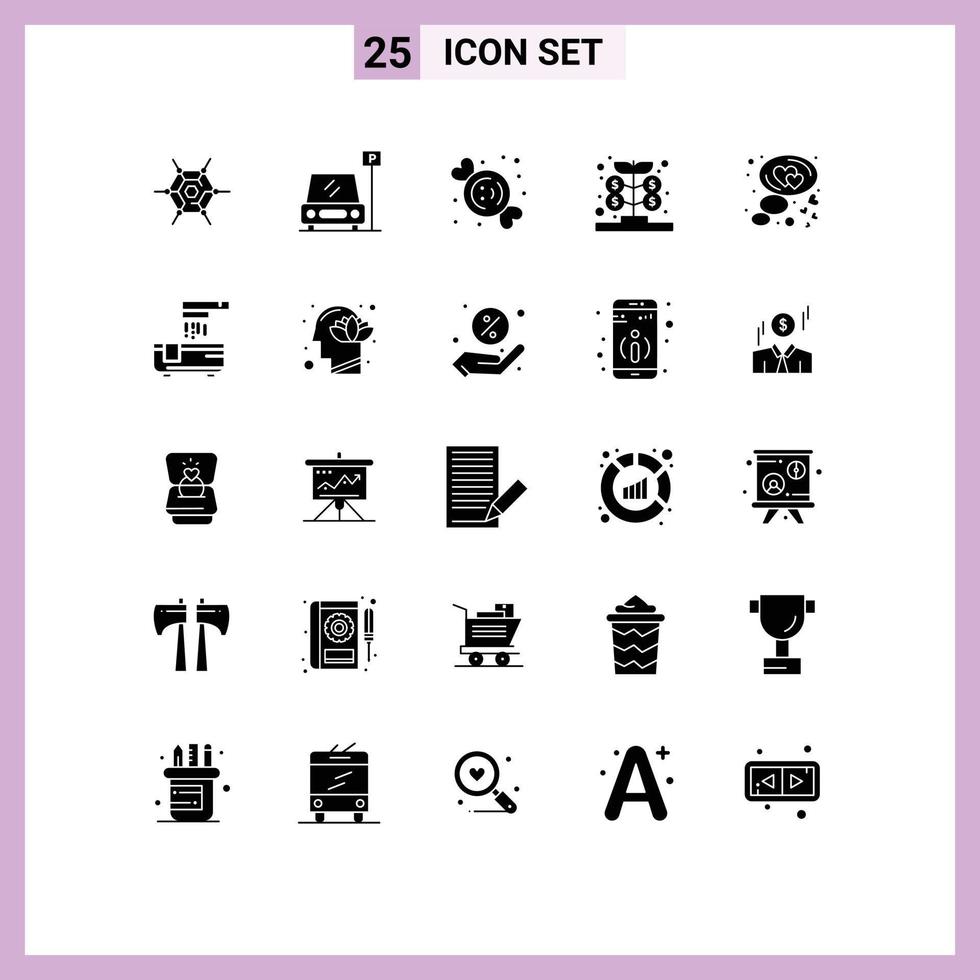 25 Universal Solid Glyphs Set for Web and Mobile Applications love chat dessert money growth Editable Vector Design Elements