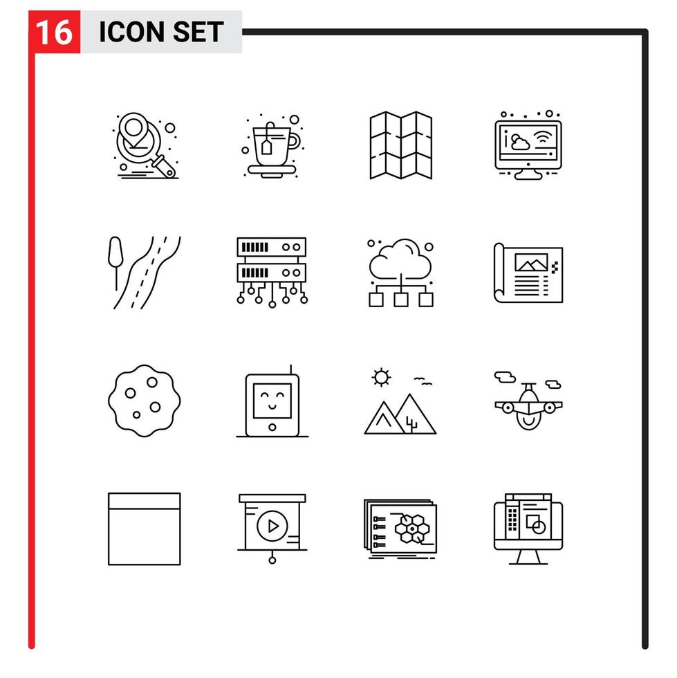 16 Universal Outlines Set for Web and Mobile Applications shared server travel motivation route weather Editable Vector Design Elements