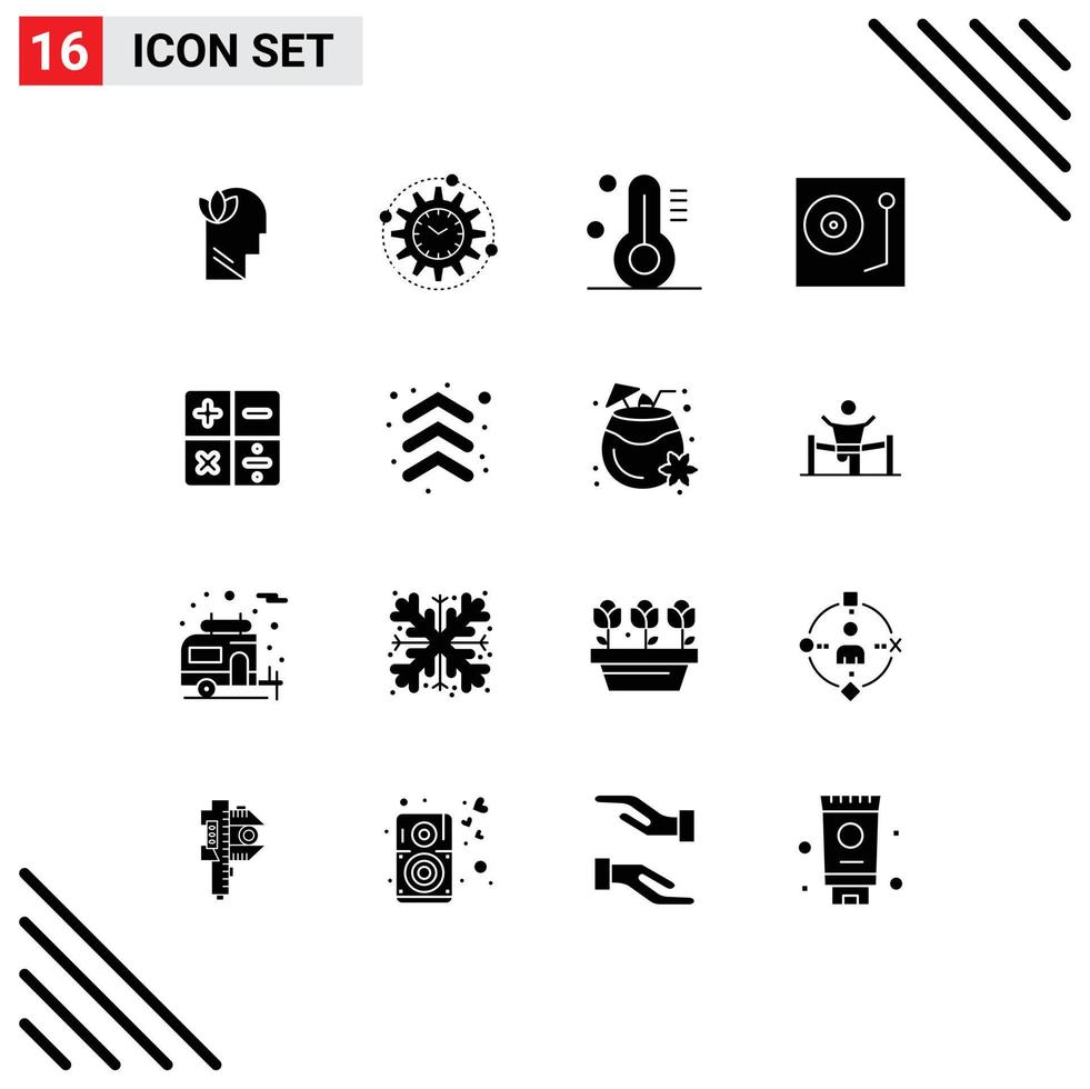 Modern Set of 16 Solid Glyphs Pictograph of calculate turntable project music devices Editable Vector Design Elements