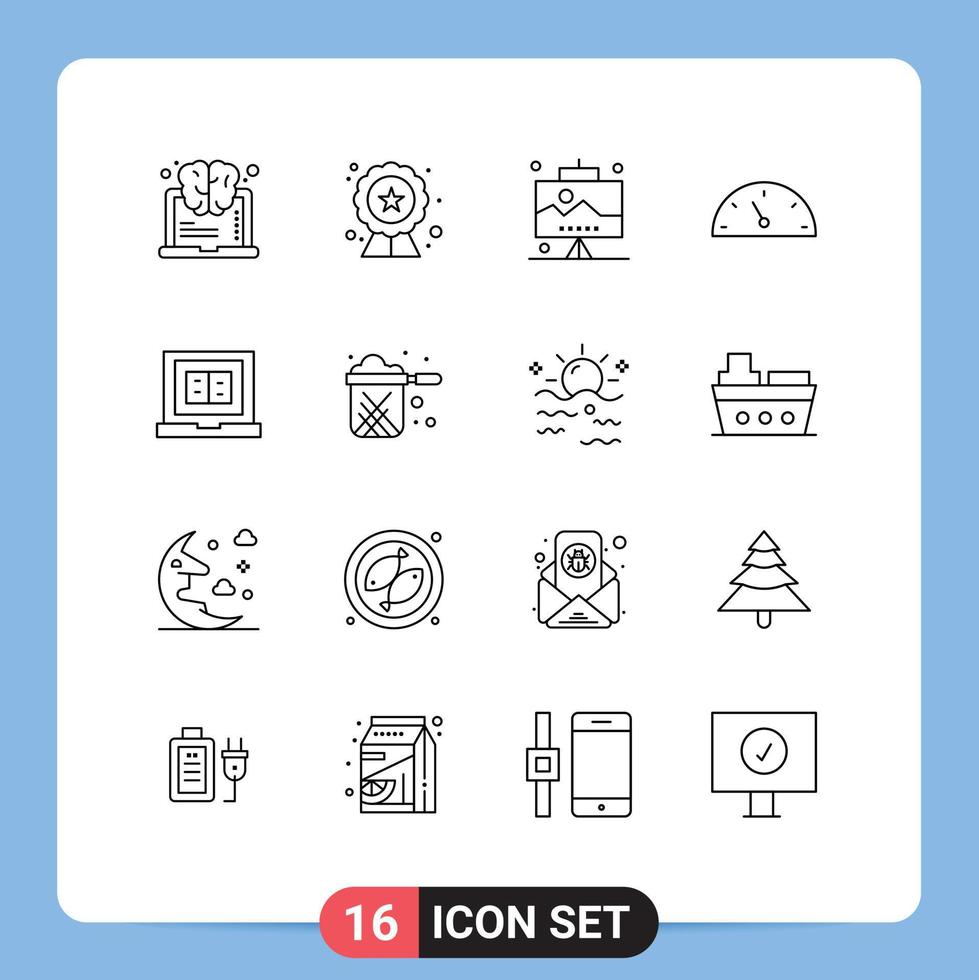 Universal Icon Symbols Group of 16 Modern Outlines of laptop book development speed gauge Editable Vector Design Elements