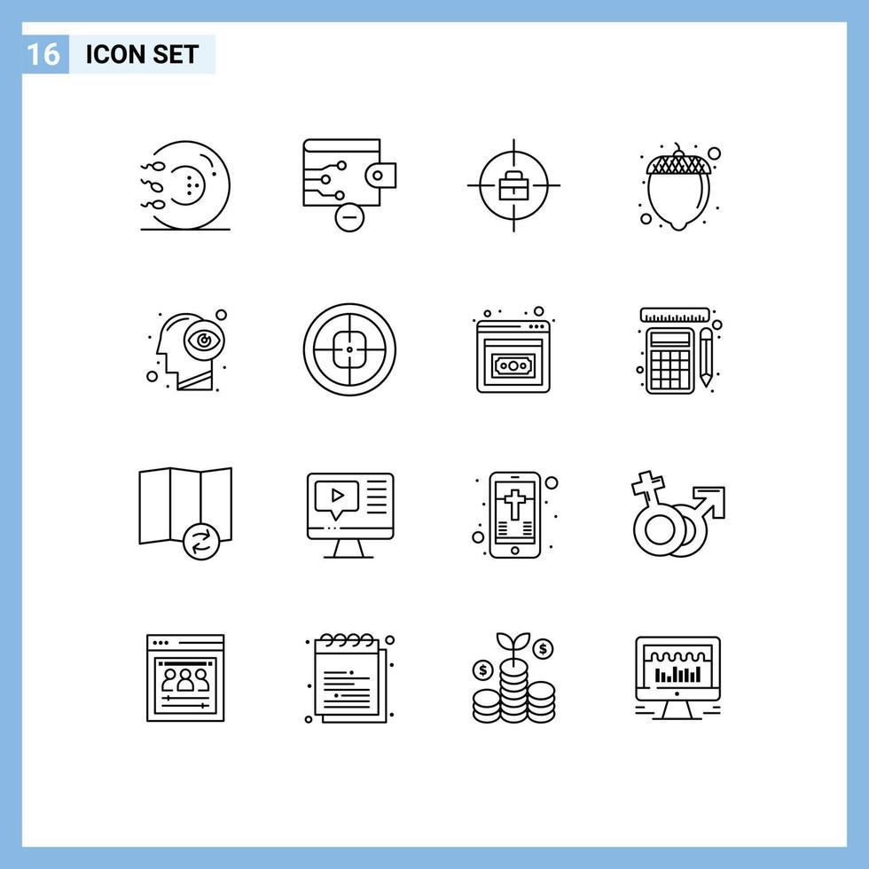 16 User Interface Outline Pack of modern Signs and Symbols of eye view mind target human hazelnut Editable Vector Design Elements