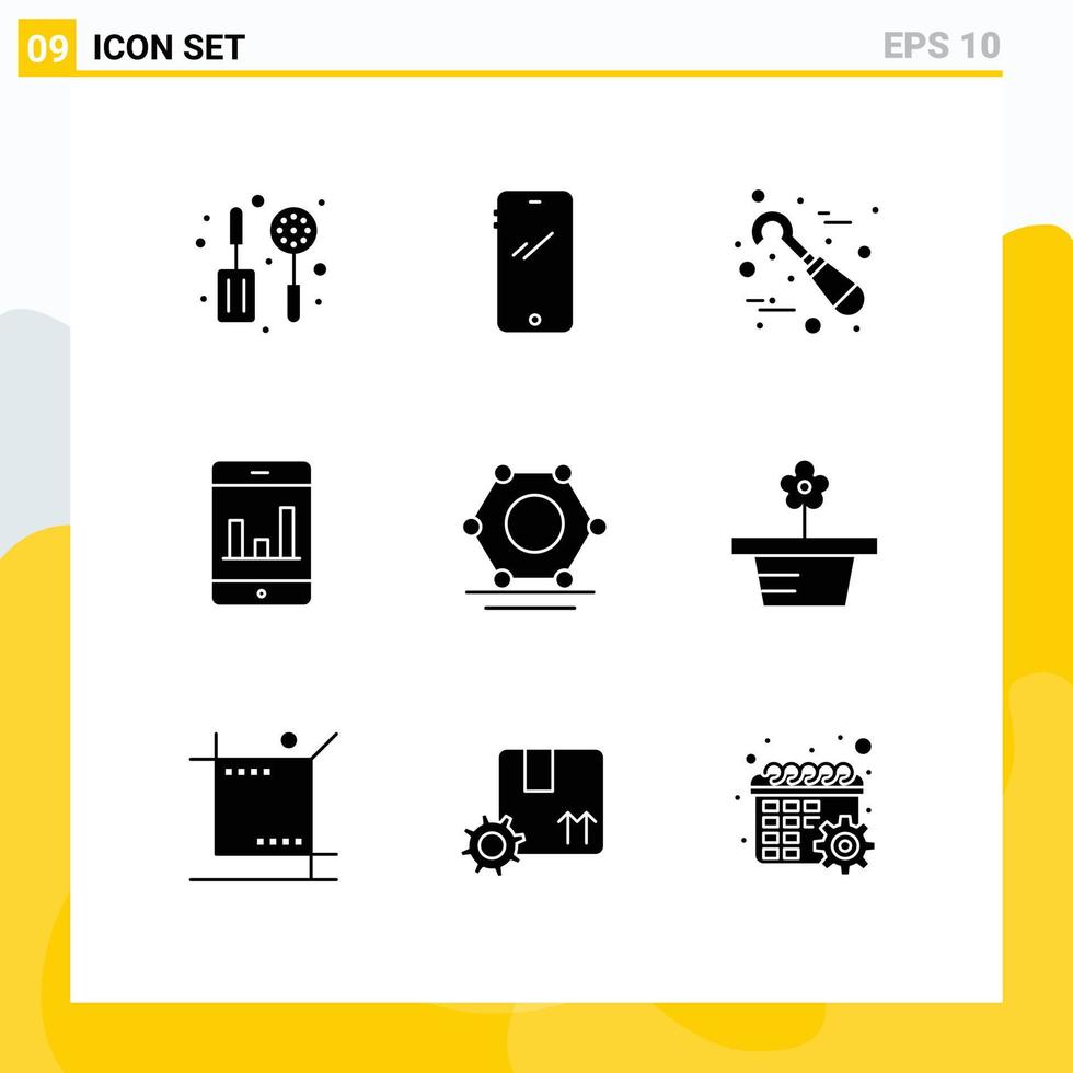 Set of 9 Vector Solid Glyphs on Grid for super connected digital dental smartphone analytics Editable Vector Design Elements