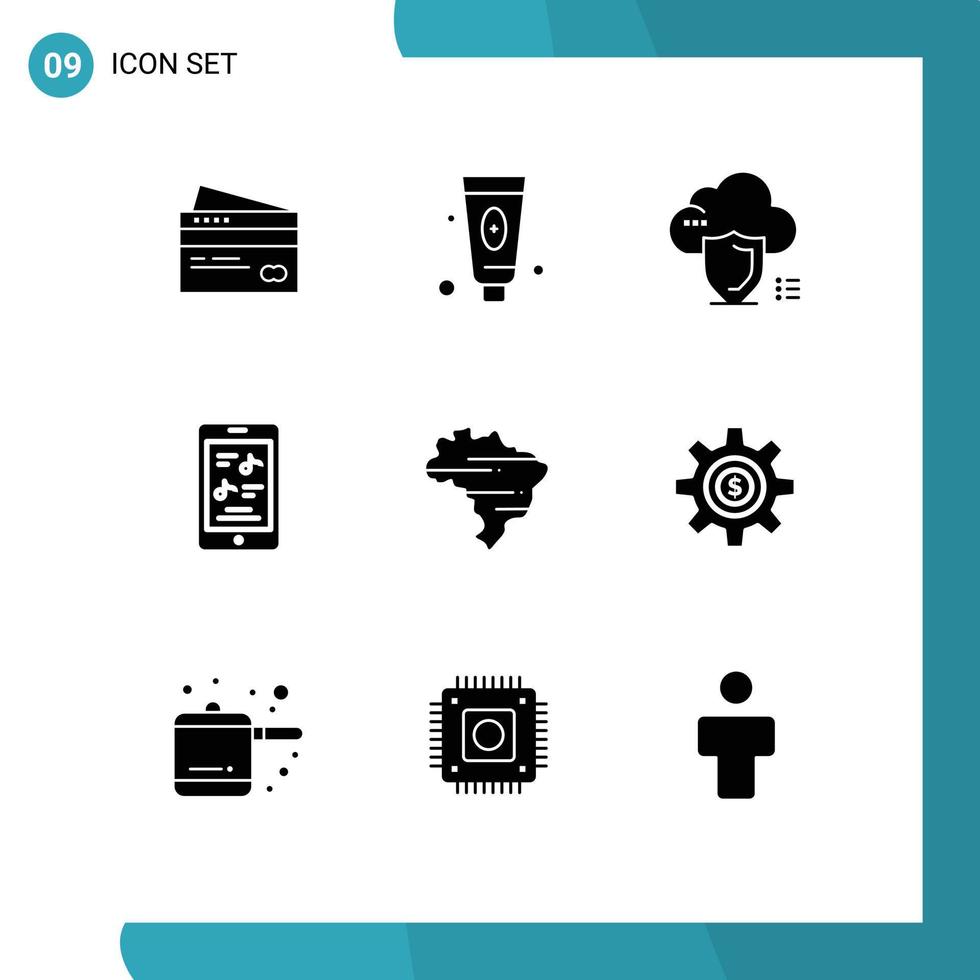 Group of 9 Solid Glyphs Signs and Symbols for movie safety beauty shield cloud Editable Vector Design Elements