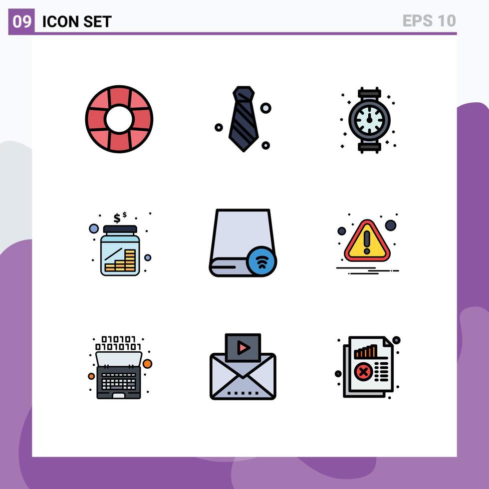 Pack of 9 creative Filledline Flat Colors of drive computers plumber savings jar Editable Vector Design Elements