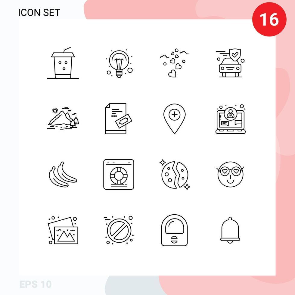 grupo de 16 esboza signos y símbolos para elementos de diseño de vectores editables de automóviles de seguridad de corazones de escudo de colinas