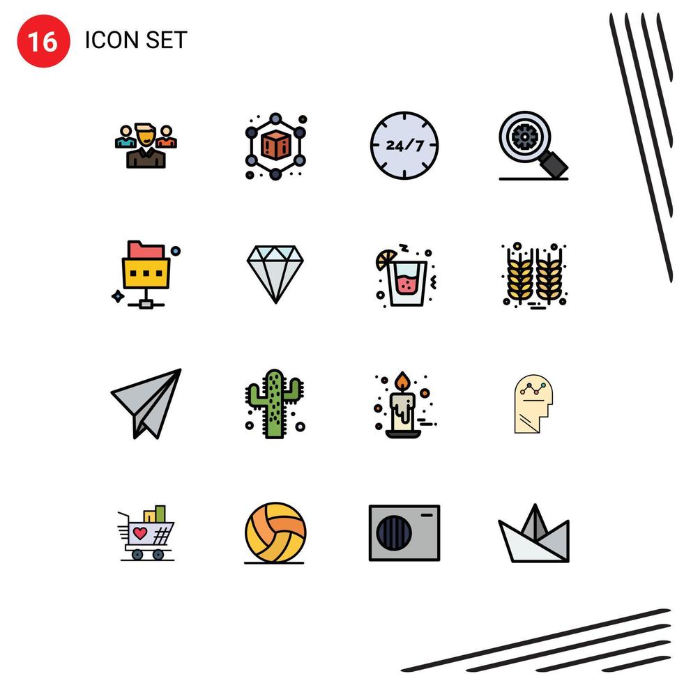 Universal Icon Symbols Group of 16 Modern Flat Color Filled Lines of folder network customer setting search Editable Creative Vector Design Elements