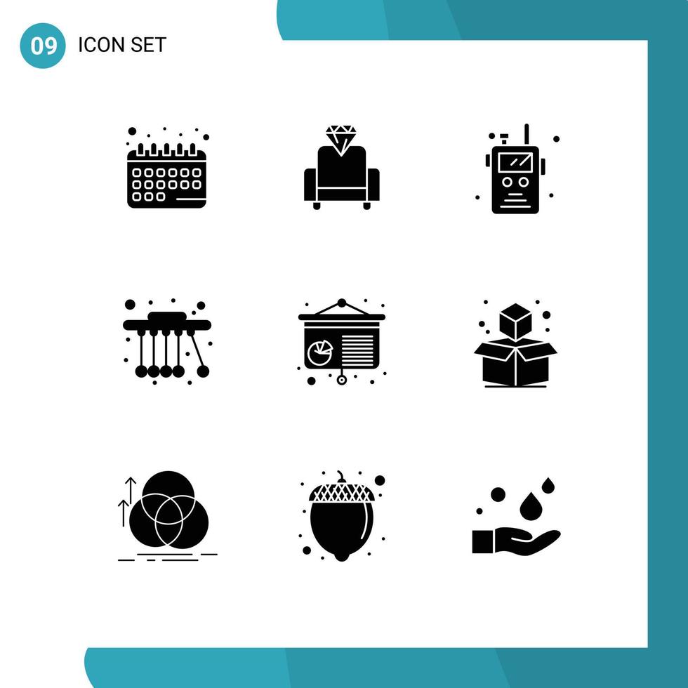Set of 9 Modern UI Icons Symbols Signs for cube conference radio transceiver chart physics Editable Vector Design Elements