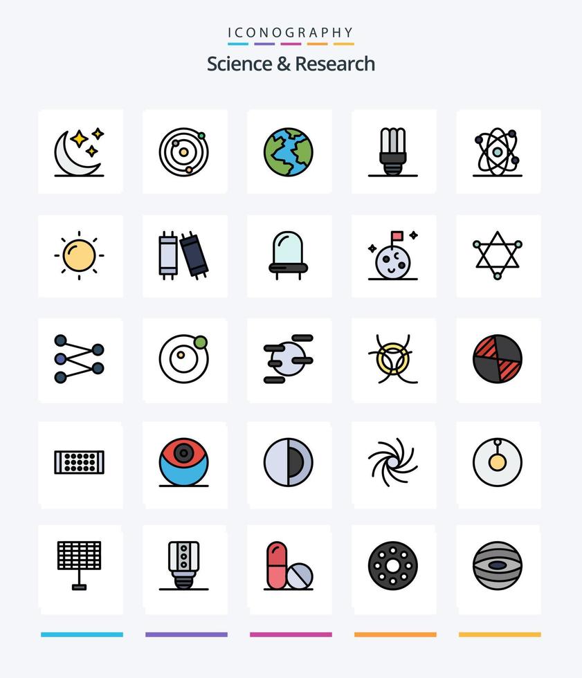 Creative Science 25 Line FIlled icon pack  Such As halogen. helios. world. science. atom vector