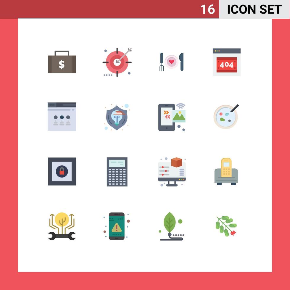 conjunto de 16 paquetes de colores planos comerciales para optimización de error de error http paquete editable de alimentos de pareja de elementos creativos de diseño de vectores