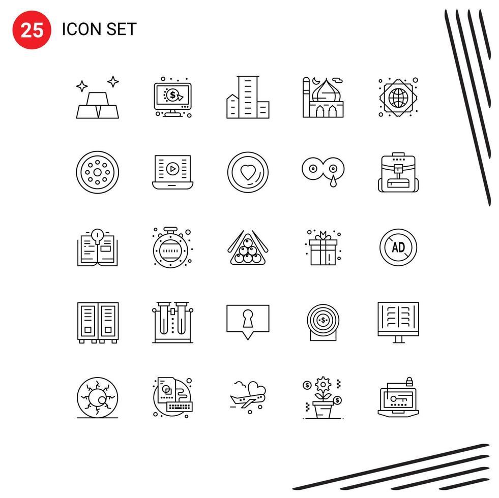 Mobile Interface Line Set of 25 Pictograms of global infrastructure moon estate islam mosque Editable Vector Design Elements