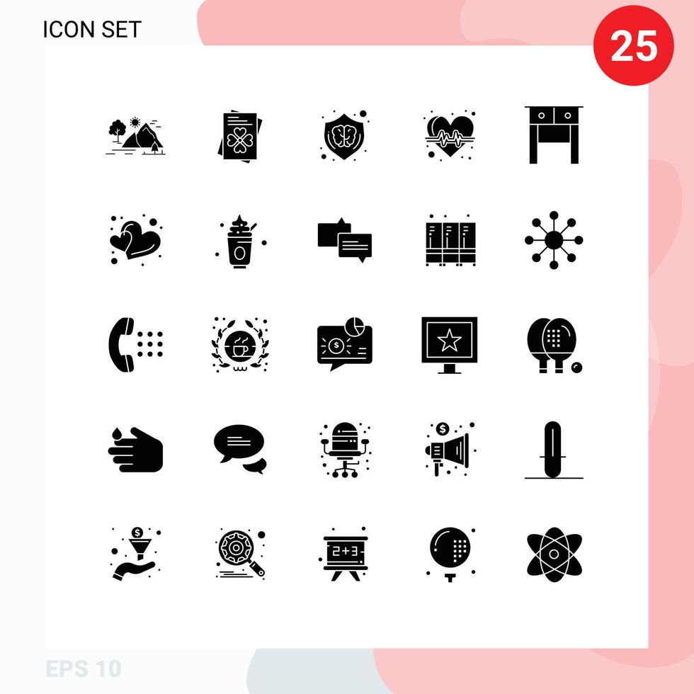 Mobile Interface Solid Glyph Set of 25 Pictograms of desk pulse creative heart brain Editable Vector Design Elements