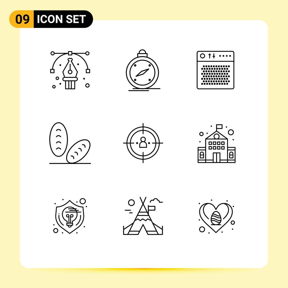 Group of 9 Outlines Signs and Symbols for business bread location baguette multimedia Editable Vector Design Elements