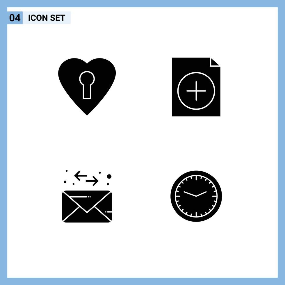 4 Solid Glyph concept for Websites Mobile and Apps heart clock add envelope time Editable Vector Design Elements