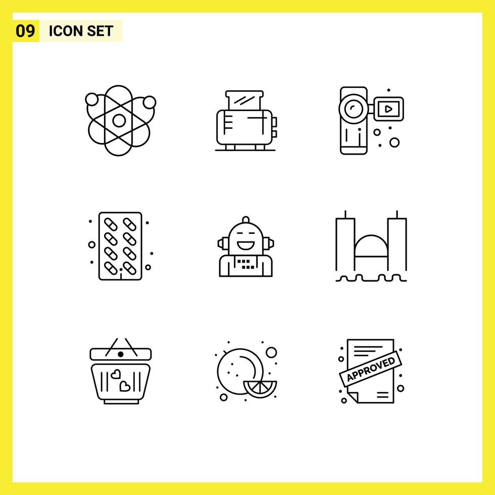 Mobile Interface Outline Set of 9 Pictograms of artificial medicine camcorder pills capsule Editable Vector Design Elements