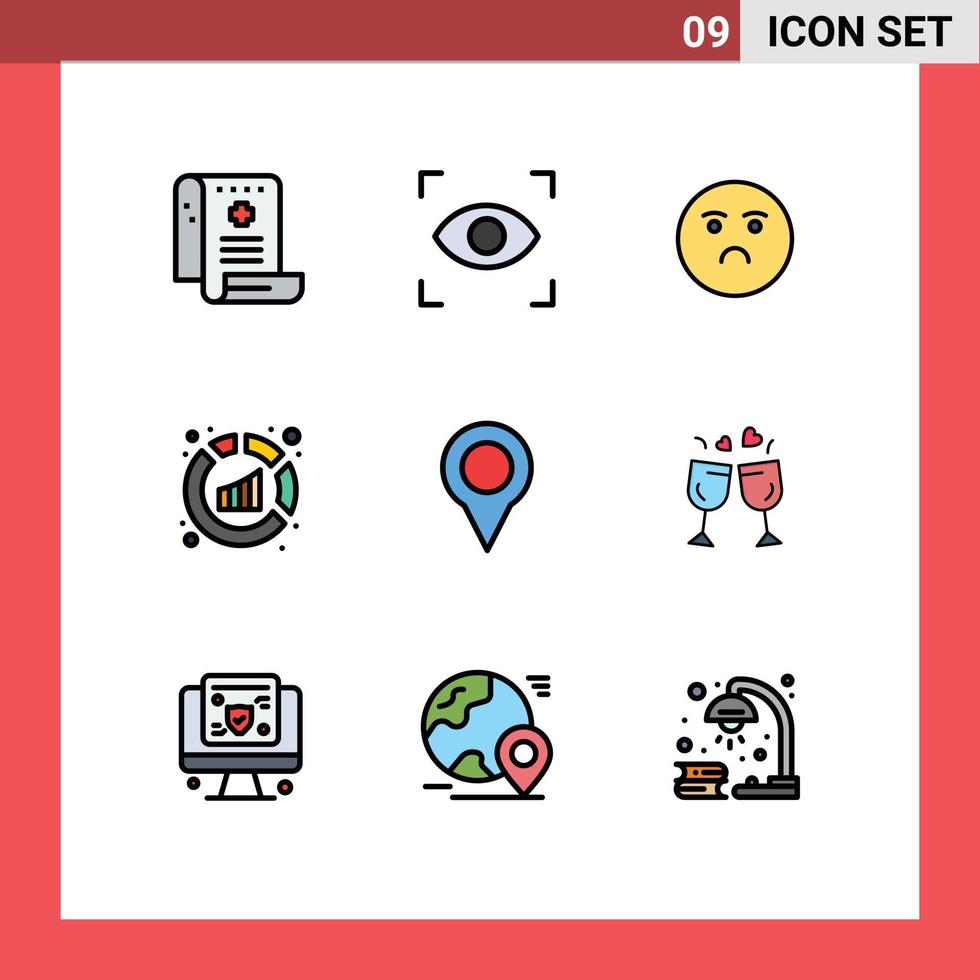 Set of 9 Vector Filledline Flat Colors on Grid for map analysis emoji sales analytics Editable Vector Design Elements
