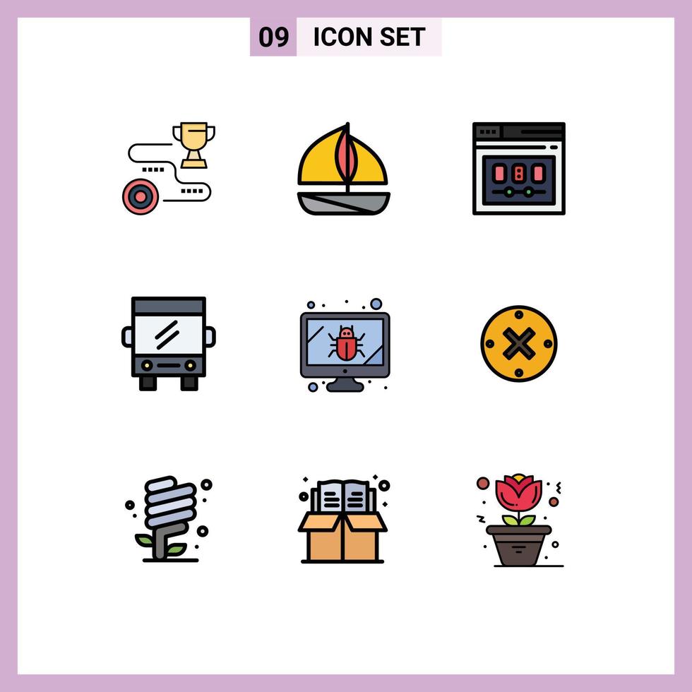 paquete de 9 signos y símbolos modernos de colores planos de línea rellena para medios de impresión web, como elementos de diseño de vectores editables de página web de bus de navegador de transporte de errores