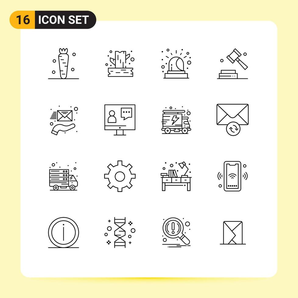 Universal Icon Symbols Group of 16 Modern Outlines of envelope law wood digital business Editable Vector Design Elements