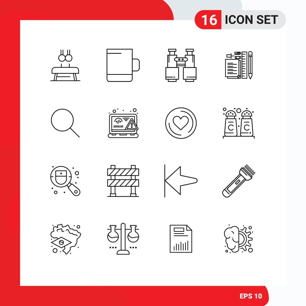User Interface Pack of 16 Basic Outlines of search notepad find pen stationary Editable Vector Design Elements