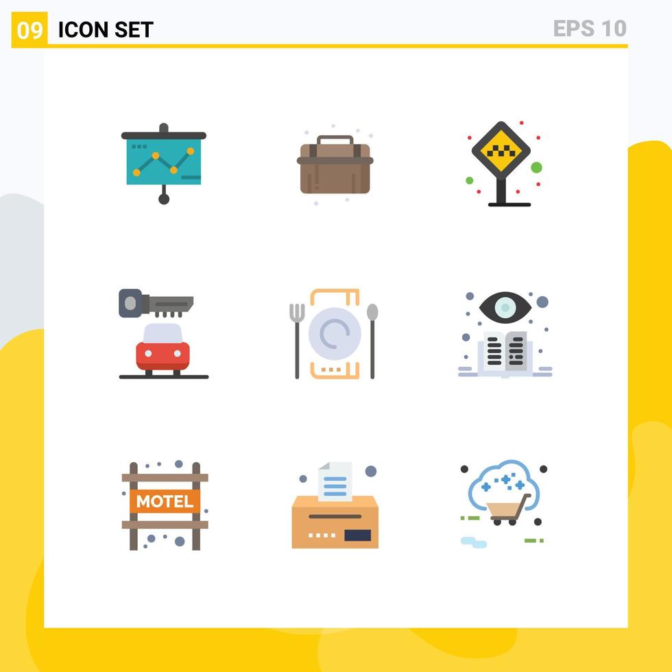 9 User Interface Flat Color Pack of modern Signs and Symbols of catering security airport key taxi stand Editable Vector Design Elements