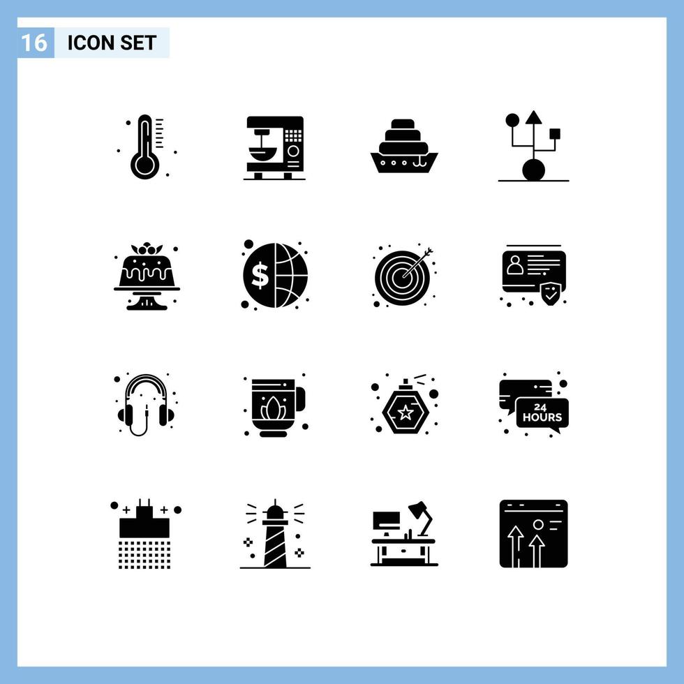 Mobile Interface Solid Glyph Set of 16 Pictograms of cake technology cruise hardware devices Editable Vector Design Elements