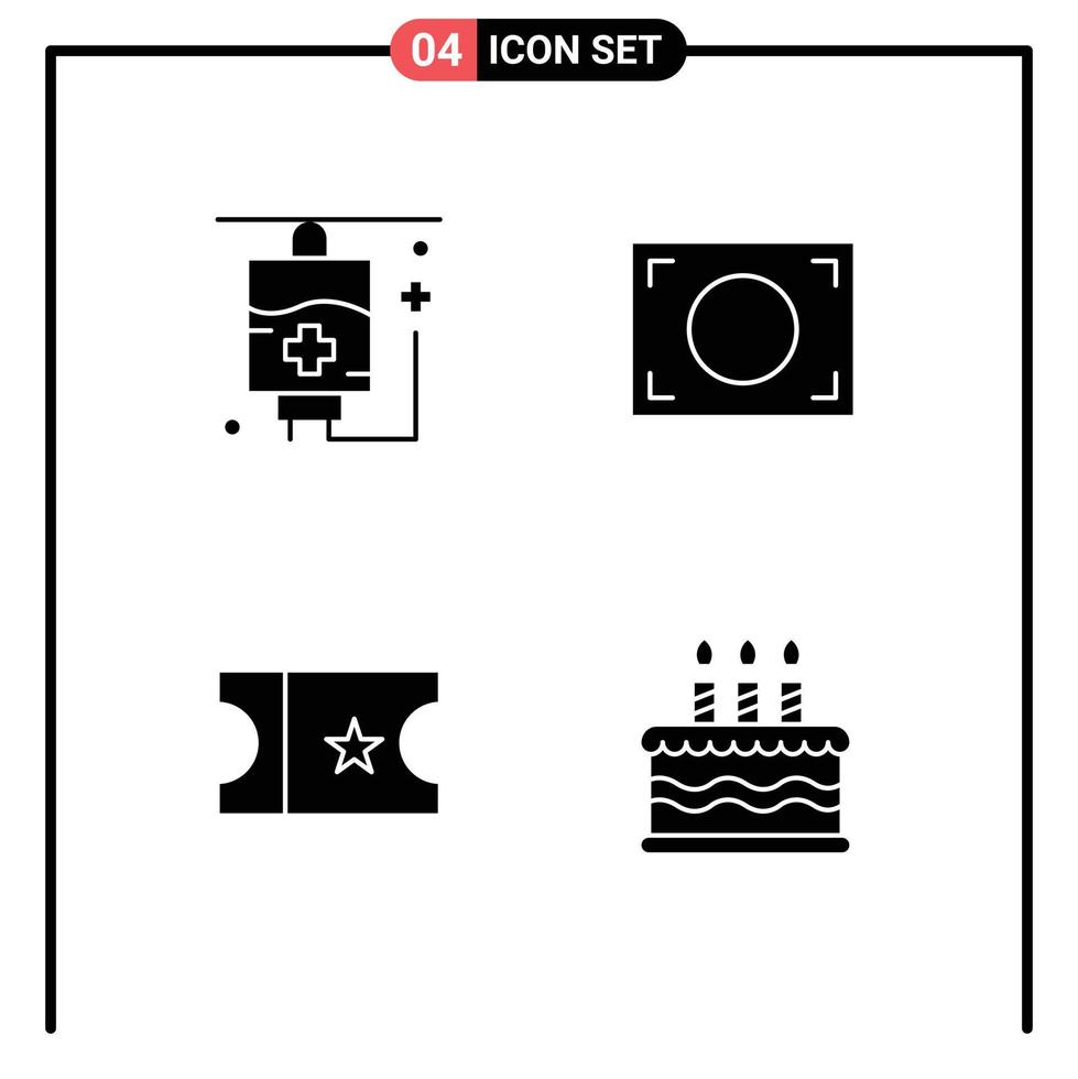 Group of 4 Modern Solid Glyphs Set for healthcare cake focus movie Layer 1 Editable Vector Design Elements