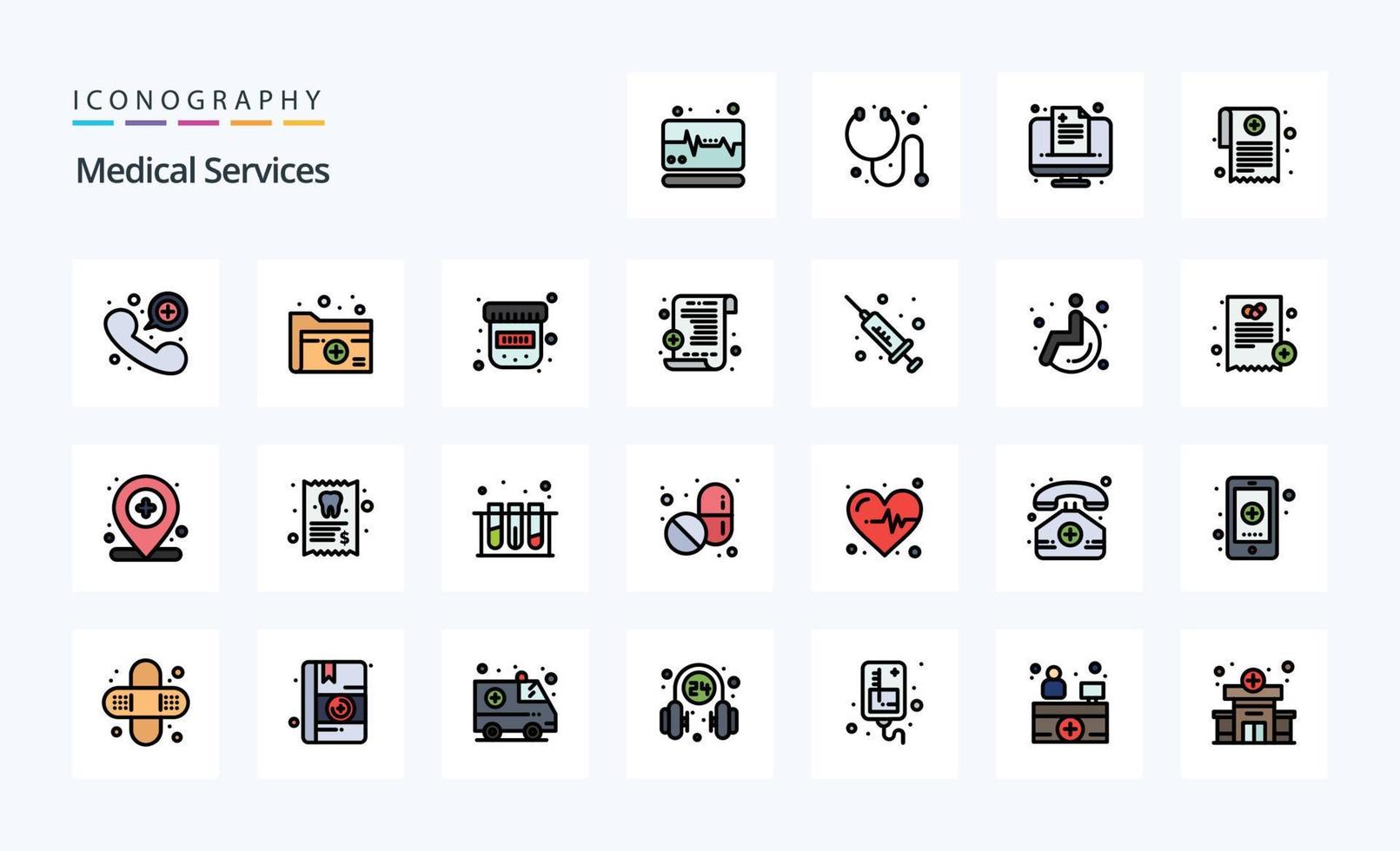 paquete de iconos de estilo lleno de línea de 25 servicios médicos vector