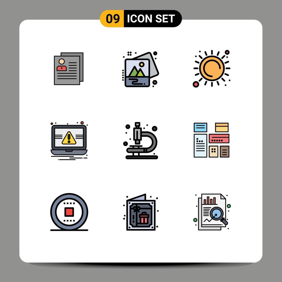paquete de 9 signos y símbolos modernos de colores planos de línea de llenado para medios de impresión web, como elementos de diseño de vectores editables de luz solar esencial de imagen de computadora portátil de alerta