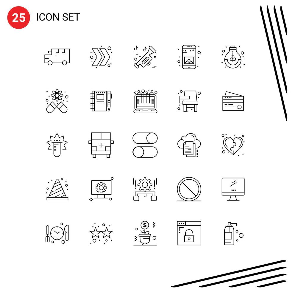 25 User Interface Line Pack of modern Signs and Symbols of idea education music mobile application Editable Vector Design Elements