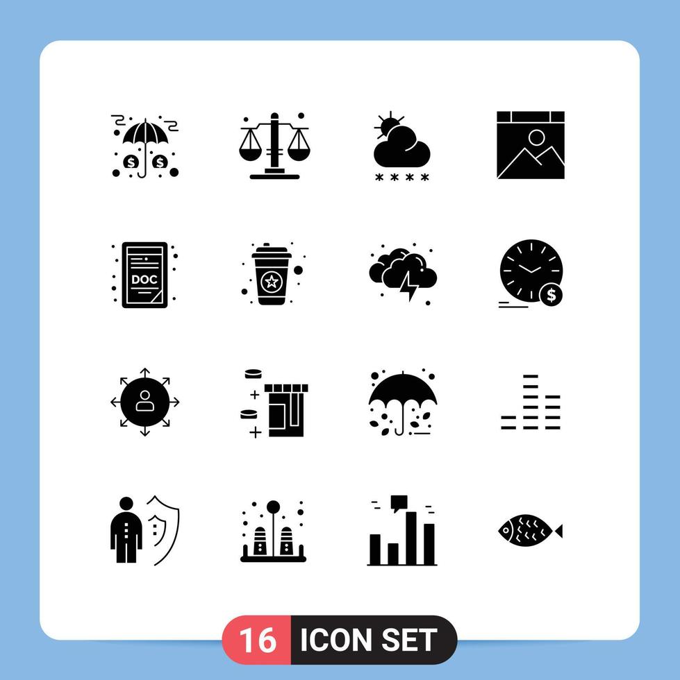 Pack of 16 creative Solid Glyphs of doc extension website forecast page app Editable Vector Design Elements