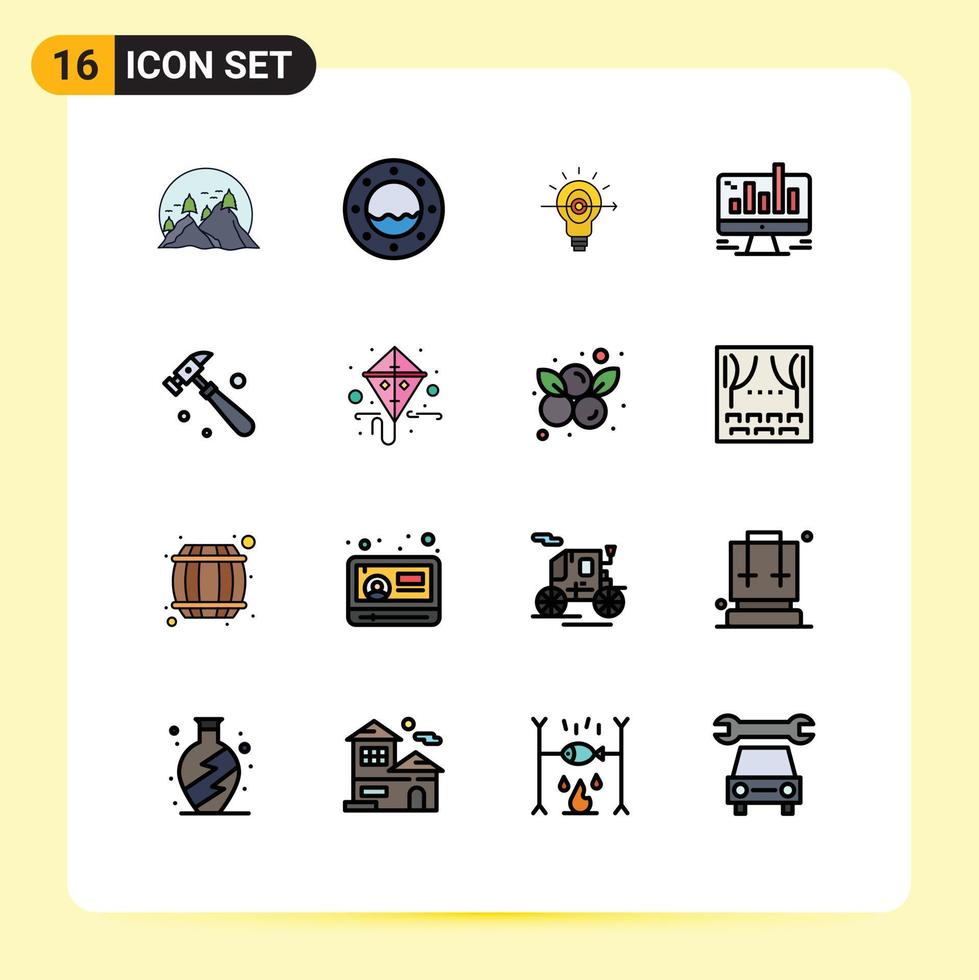 16 User Interface Flat Color Filled Line Pack of modern Signs and Symbols of hammer graph bulb computer business Editable Creative Vector Design Elements