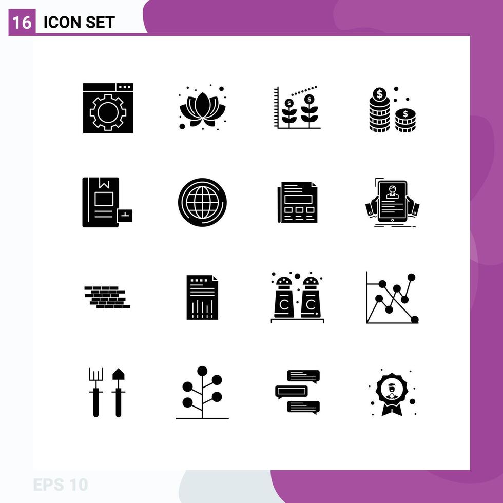 Pack of 16 Modern Solid Glyphs Signs and Symbols for Web Print Media such as knowledge e startup book cash Editable Vector Design Elements