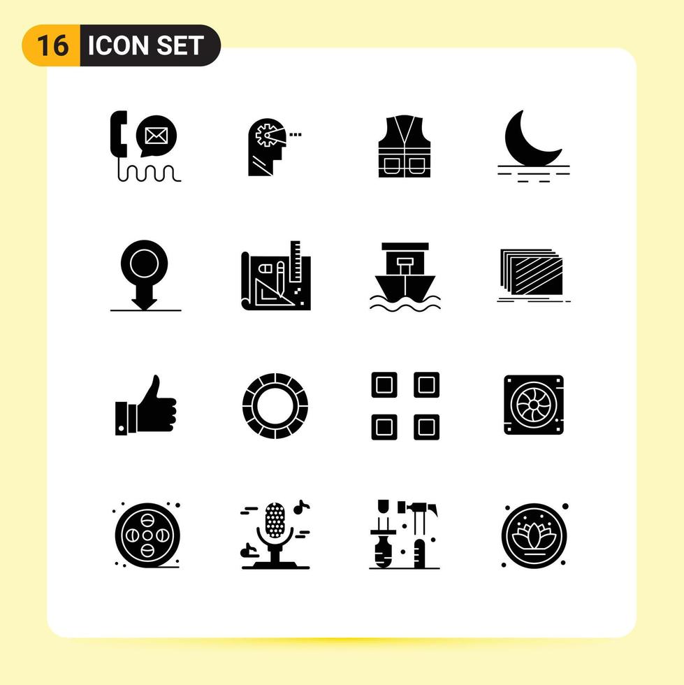 Pictogram Set of 16 Simple Solid Glyphs of human moon head fog construction Editable Vector Design Elements