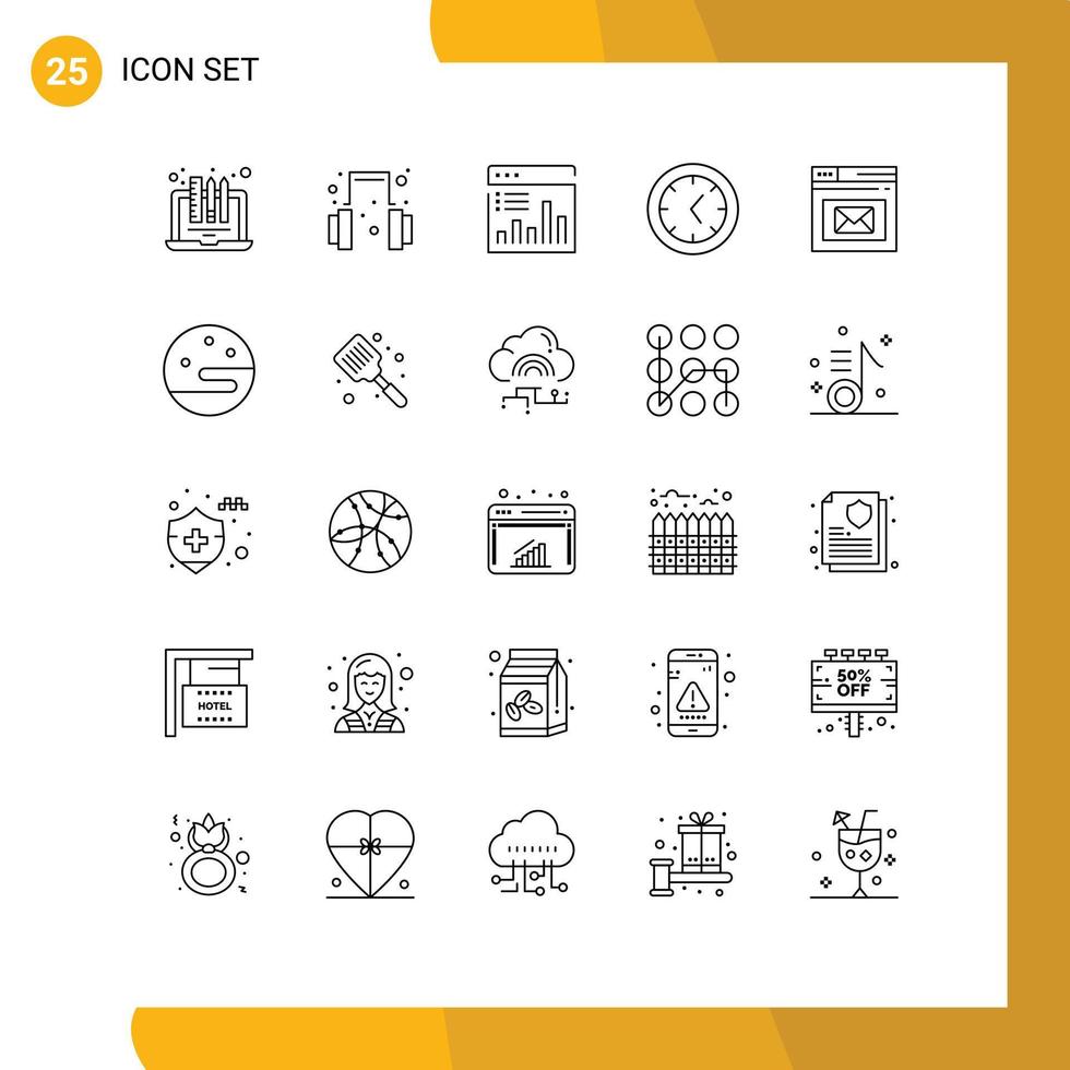 25 User Interface Line Pack of modern Signs and Symbols of mail browser analysis clock monitoring Editable Vector Design Elements