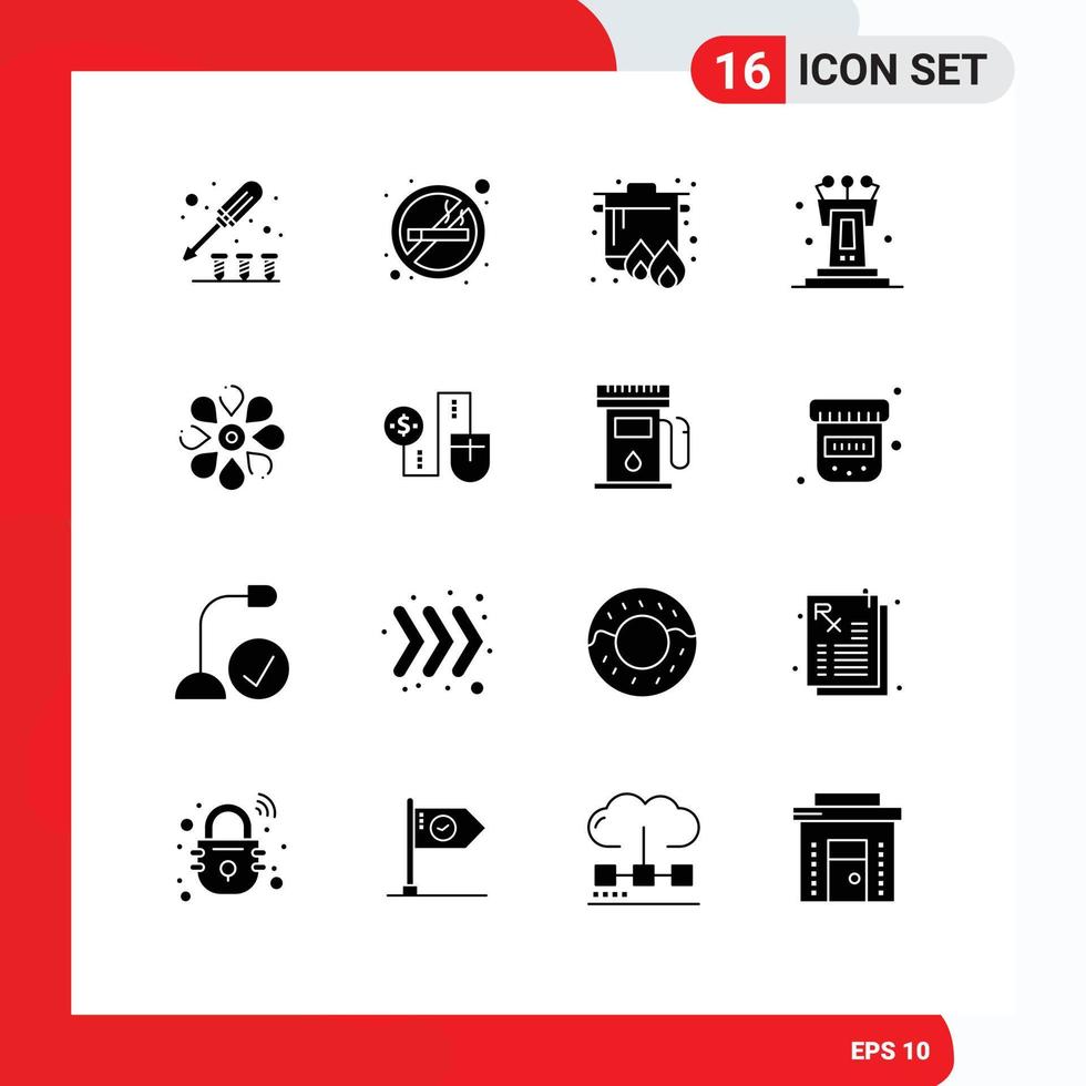 Universal Icon Symbols Group of 16 Modern Solid Glyphs of sun flower tribune boil speech pedestal Editable Vector Design Elements