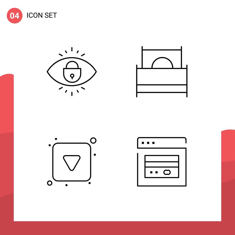 conjunto moderno de 4 colores planos y símbolos de línea de llenado, como el botón de reproducción ocular, muebles de bloqueo, elementos de diseño vectorial editables vector