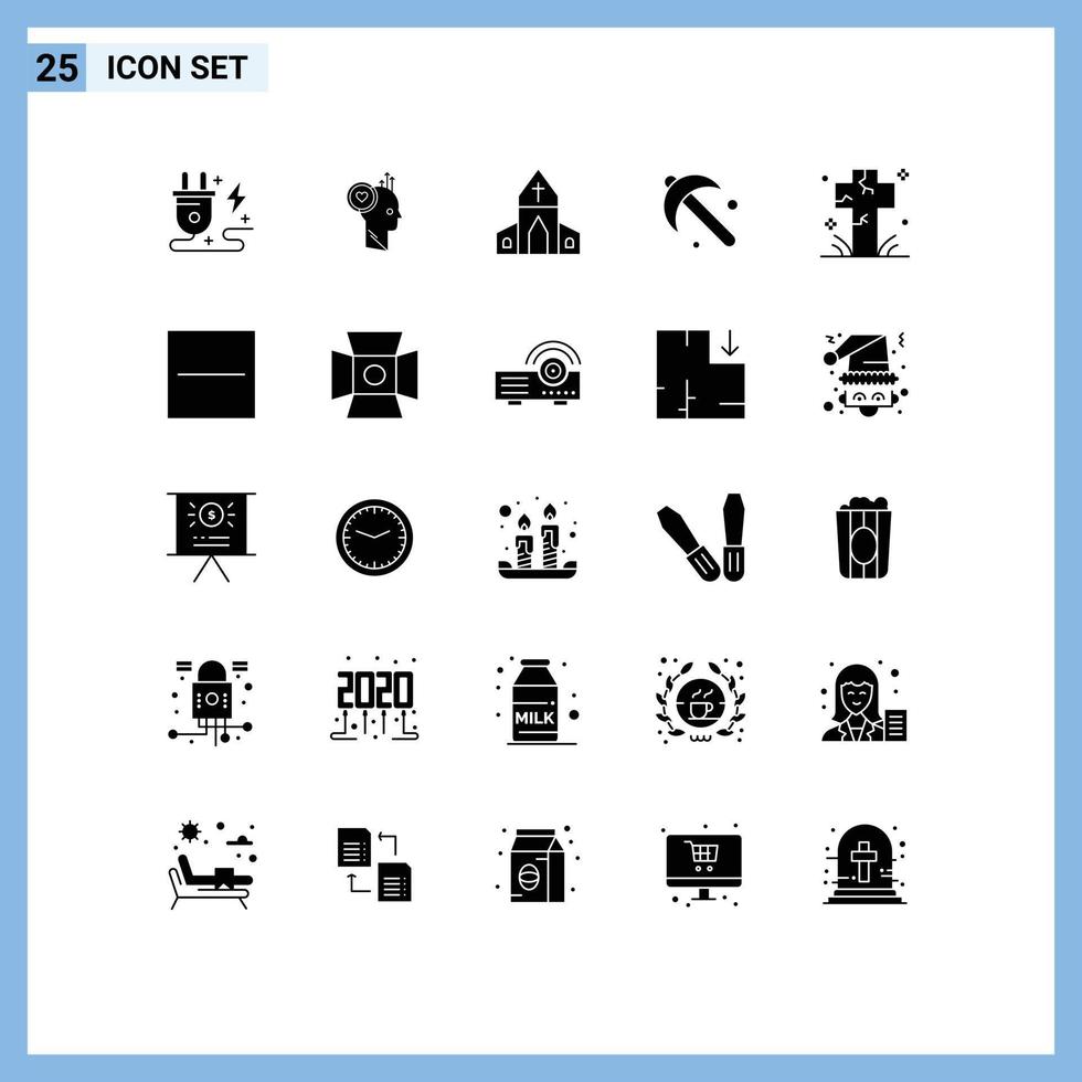 Group of 25 Modern Solid Glyphs Set for cemetery spade idea gardening cross Editable Vector Design Elements
