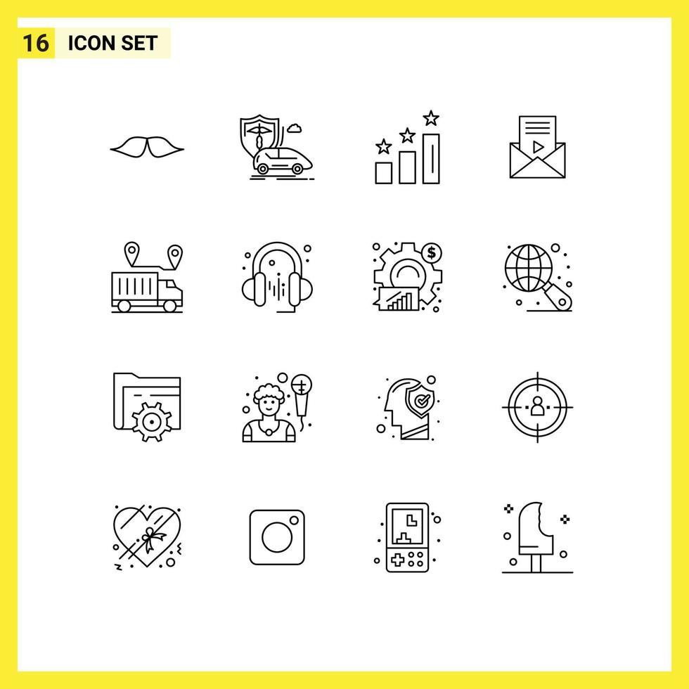 Set of 16 Vector Outlines on Grid for video player message transport mail performance Editable Vector Design Elements