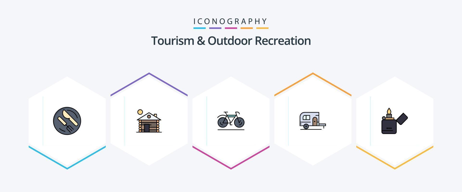 Tourism And Outdoor Recreation 25 FilledLine icon pack including lighter. travel. bicycle. camp. caravan vector