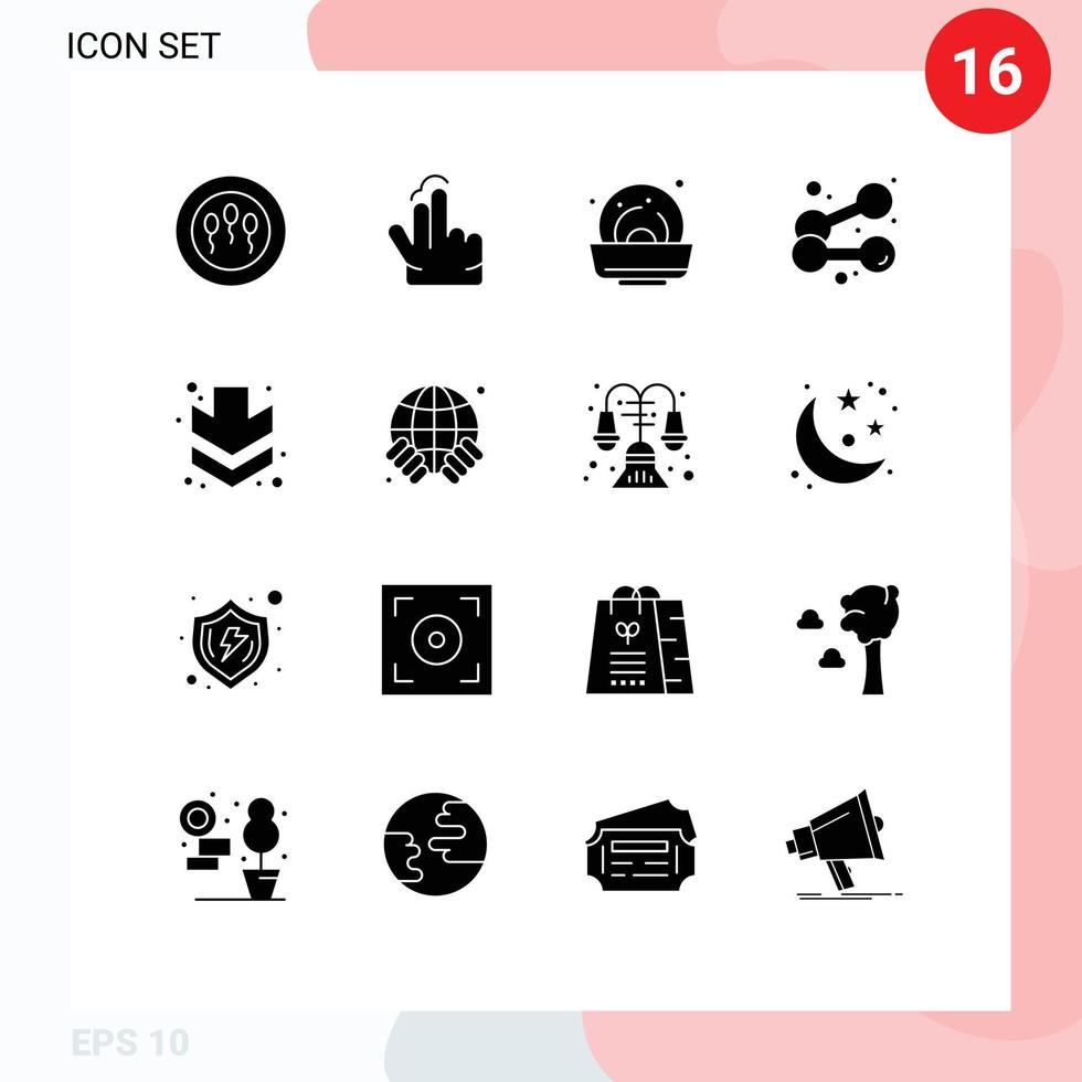16 concepto de glifo sólido para sitios web móviles y aplicaciones tierra abajo comida flecha deporte elementos de diseño vectorial editables vector