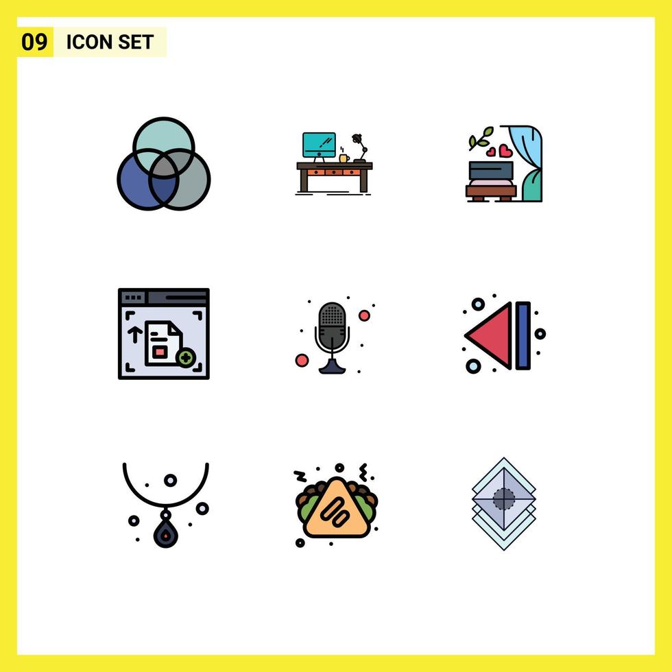 User Interface Pack of 9 Basic Filledline Flat Colors of mic web office interface wedding Editable Vector Design Elements