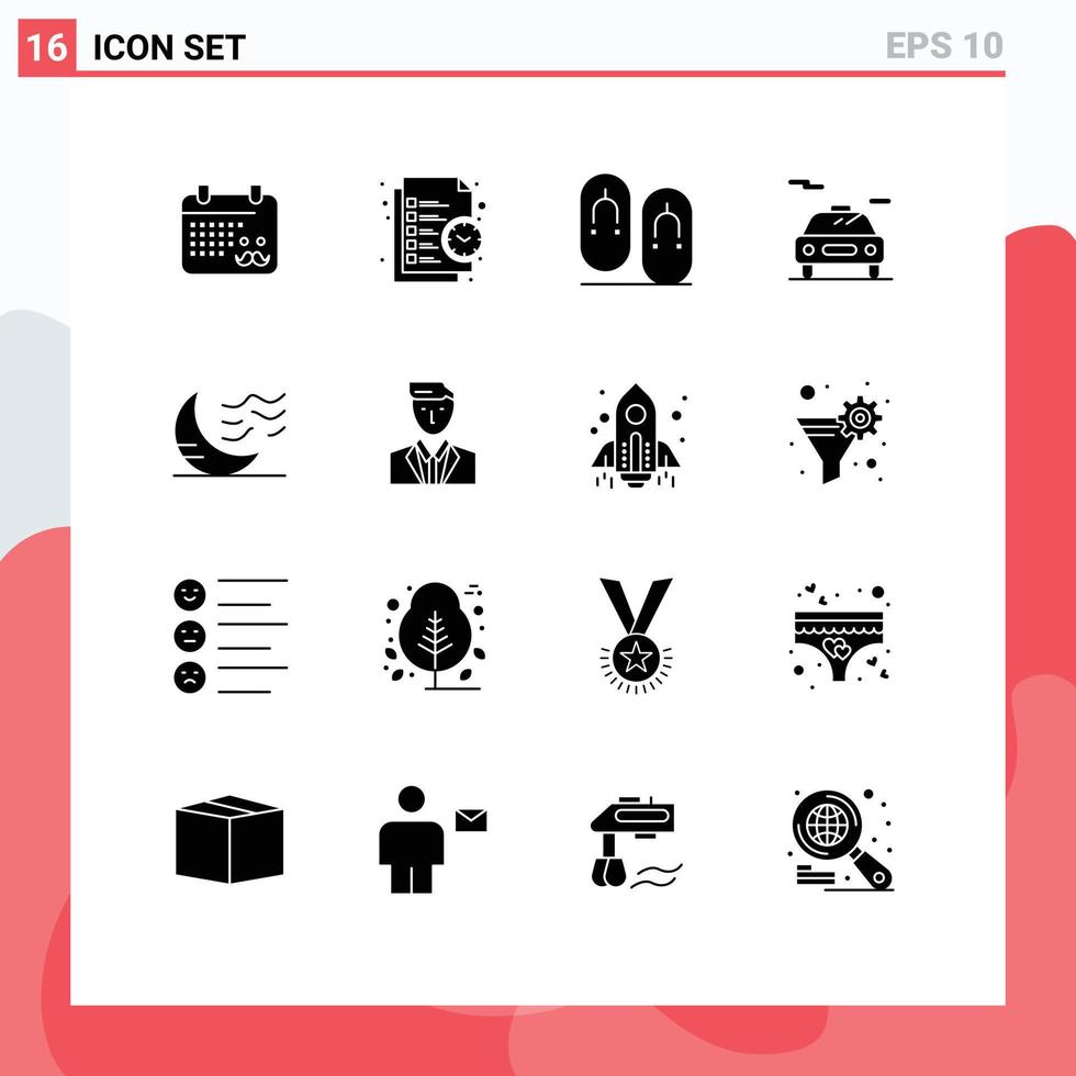 Group of 16 Modern Solid Glyphs Set for moon transport time electric travel Editable Vector Design Elements