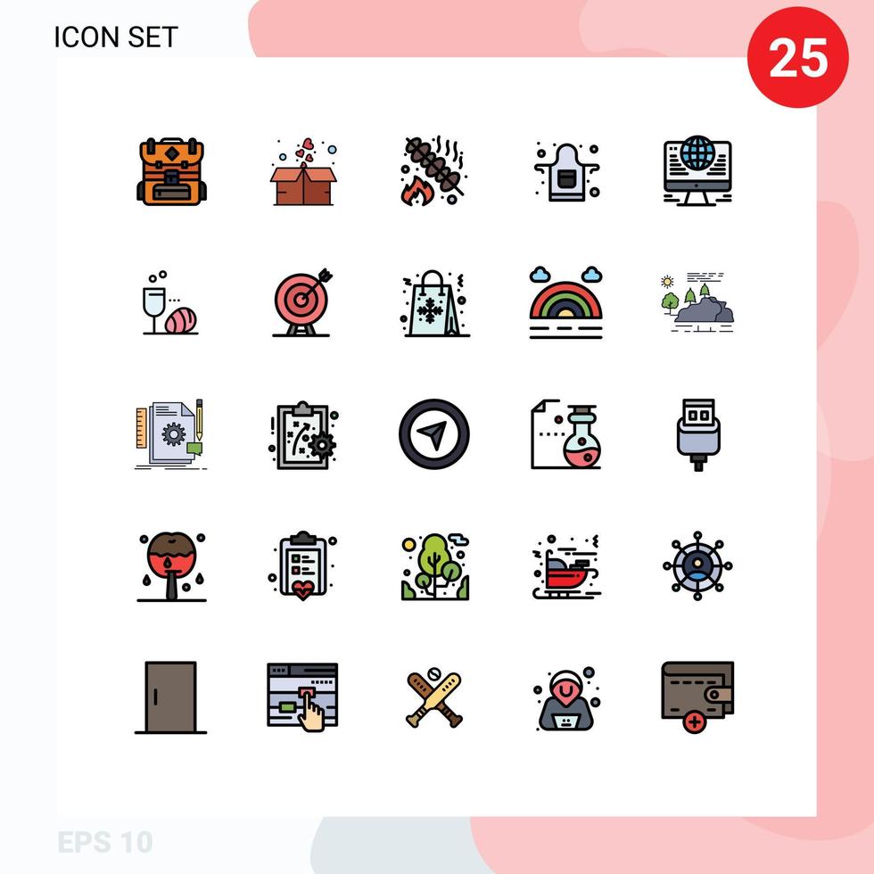 grupo de 25 signos y símbolos de colores planos de línea rellena para elementos de diseño de vectores editables de cocina de computadora de comida de conexión de red