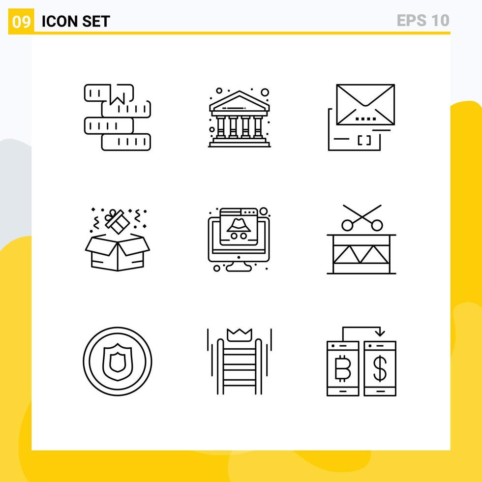 9 Universal Outlines Set for Web and Mobile Applications crime gift building box mail Editable Vector Design Elements