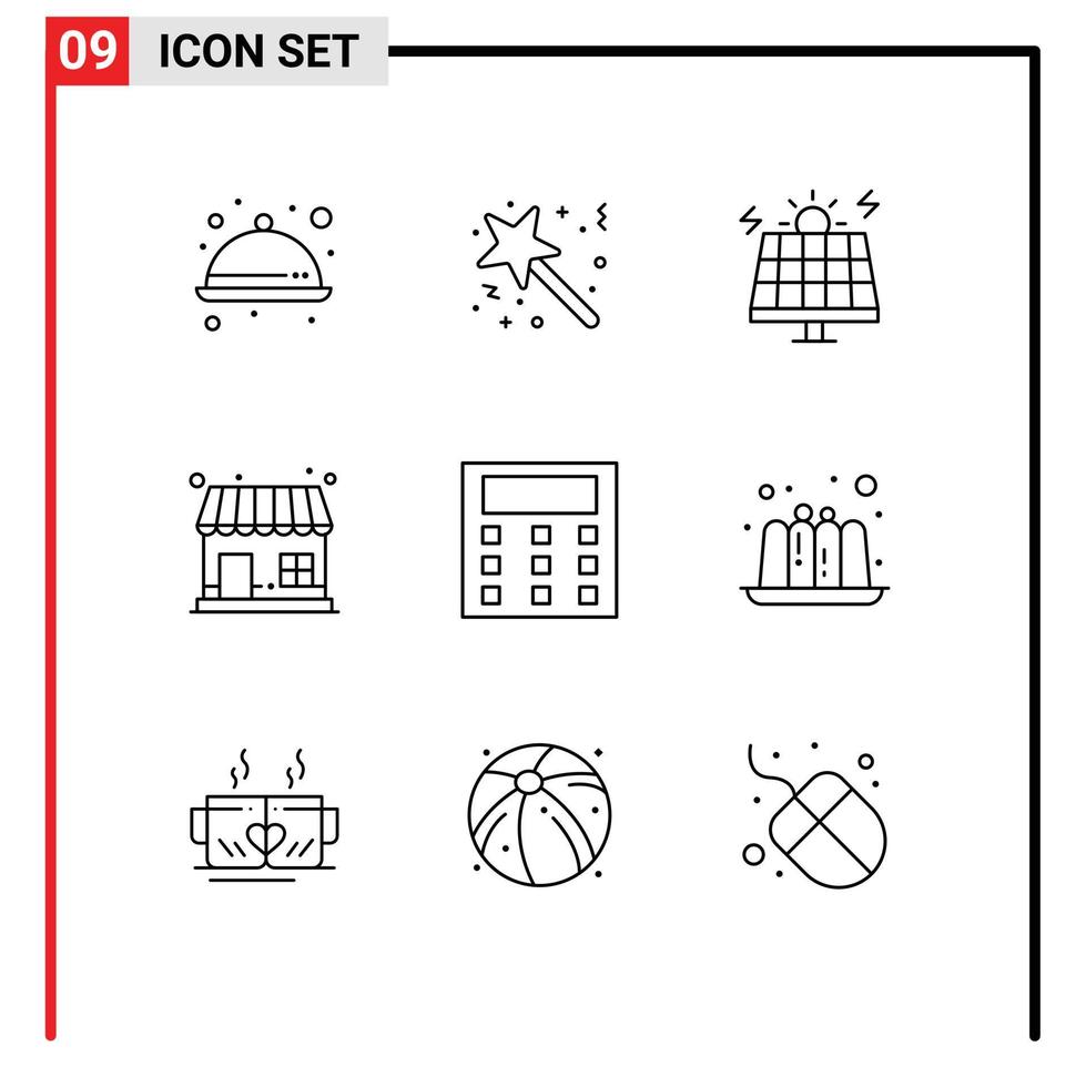 9 User Interface Outline Pack of modern Signs and Symbols of calculation shop award market store solar Editable Vector Design Elements