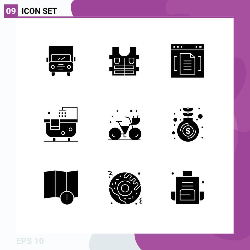 Pack of 9 Modern Solid Glyphs Signs and Symbols for Web Print Media such as cycle shower browser cleaning bath Editable Vector Design Elements