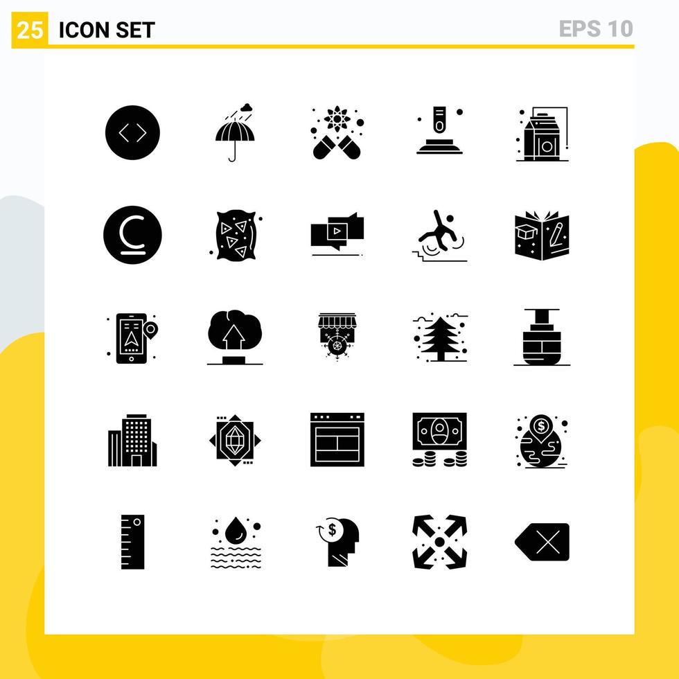 Modern Set of 25 Solid Glyphs Pictograph of products food capsule start button Editable Vector Design Elements
