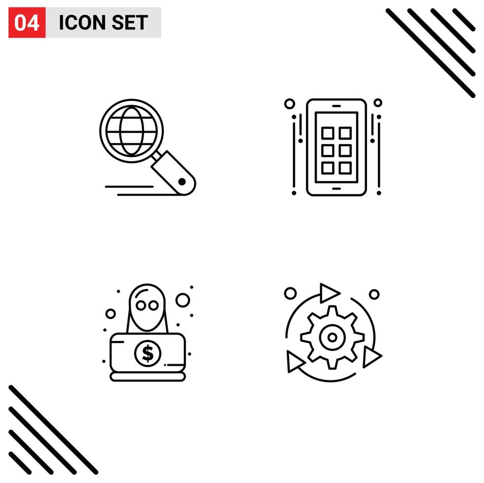 Stock Vector Icon Pack of 4 Line Signs and Symbols for globe hacker seo social robbery Editable Vector Design Elements