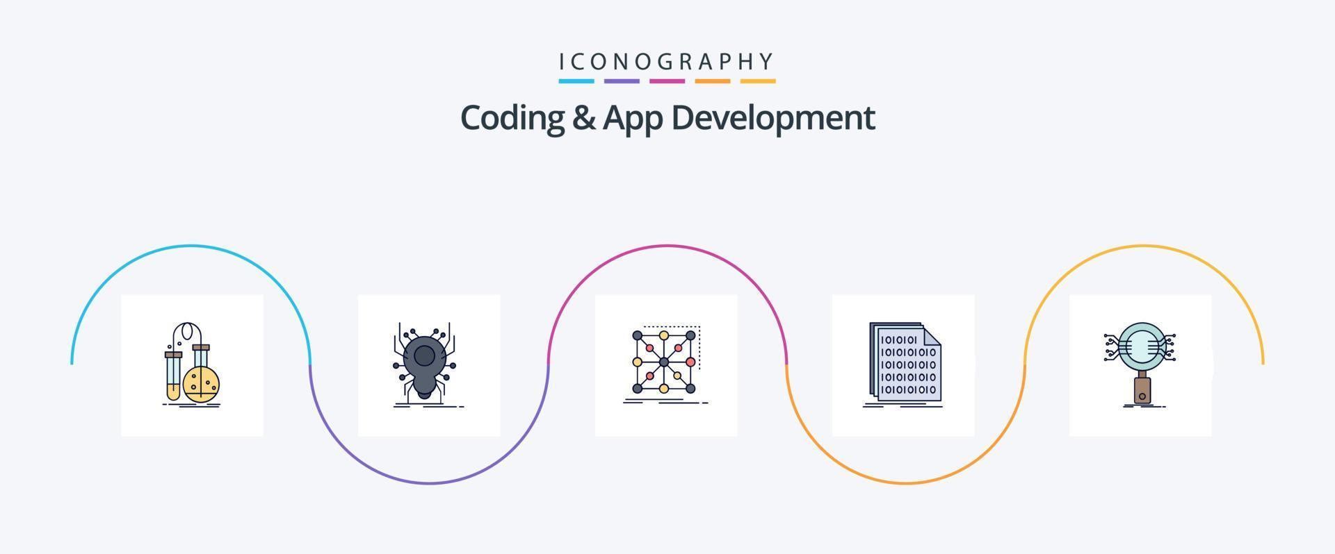 Coding And App Development Line Filled Flat 5 Icon Pack Including code. complex. spider. cluster. framework vector