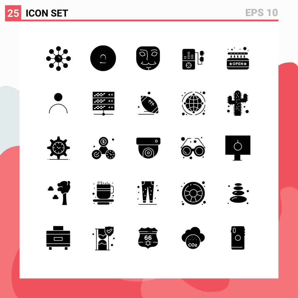 Mobile Interface Solid Glyph Set of 25 Pictograms of shop board currency education music Editable Vector Design Elements
