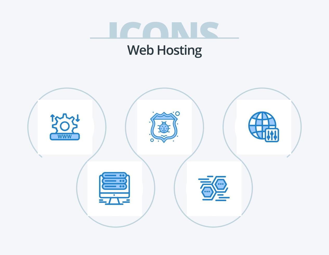 Web Hosting Blue Icon Pack 5 Icon Design. world. protect. digital. bug. setting vector